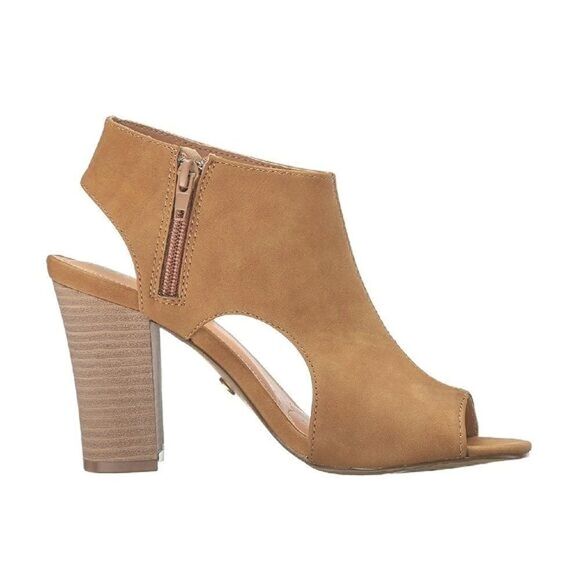 New! XOXO Cutout Peep-Toe Slingback Bootie Tan Brown Sandals Shoes Block Heels - Picture 4 of 8